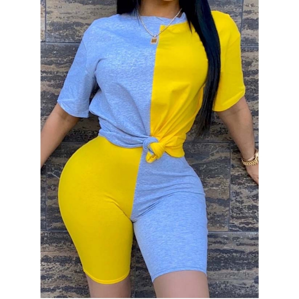 Casual ONeck Patchwork Yellow Two-piece Shorts set